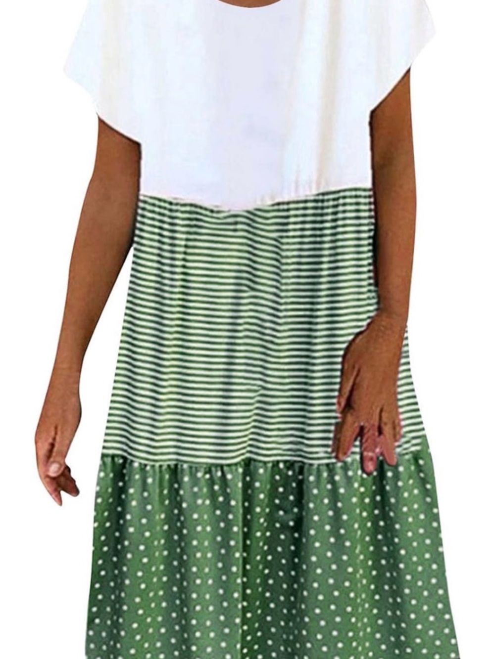 White & Green Mixed-Pattern Boho Dress